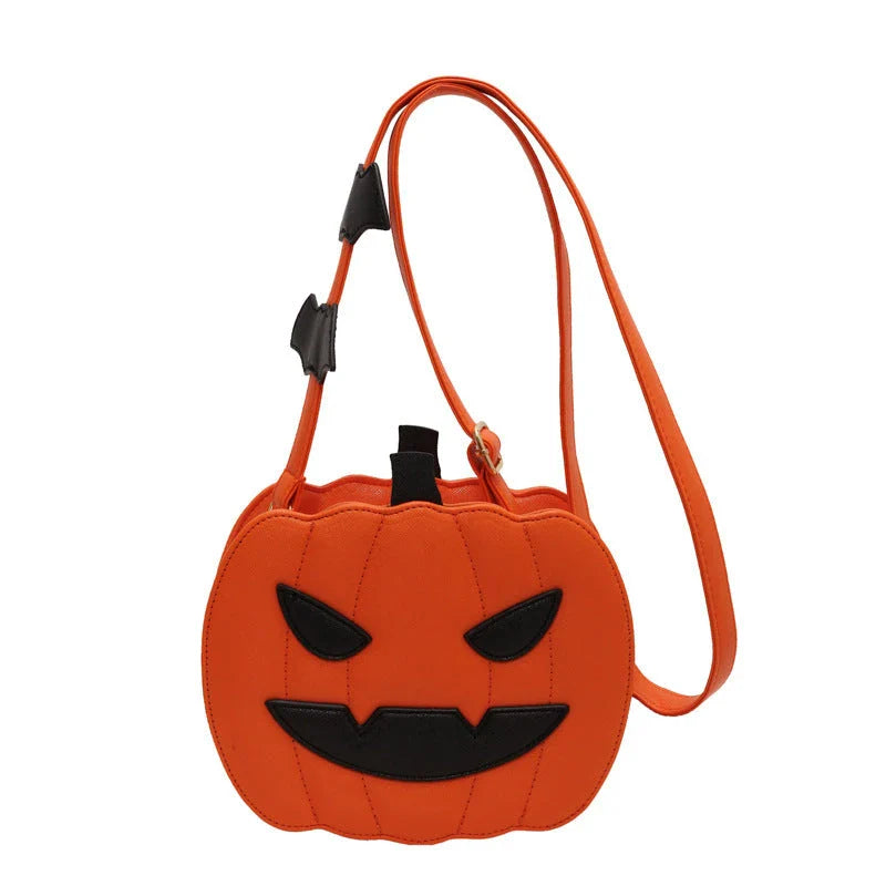 Stylish Halloween crossbody bag with pumpkin cartoon and bat design, available in multiple vibrant colors