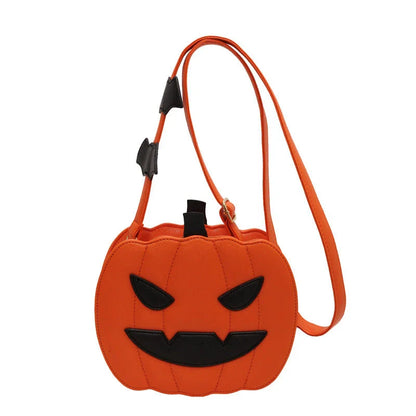 Stylish Halloween crossbody bag with pumpkin cartoon and bat design, available in multiple vibrant colors