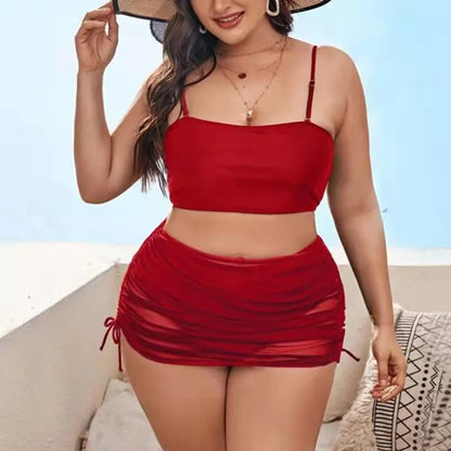 Women's solid colour mesh bikini three-piece set showing top, underwear and apron pieces