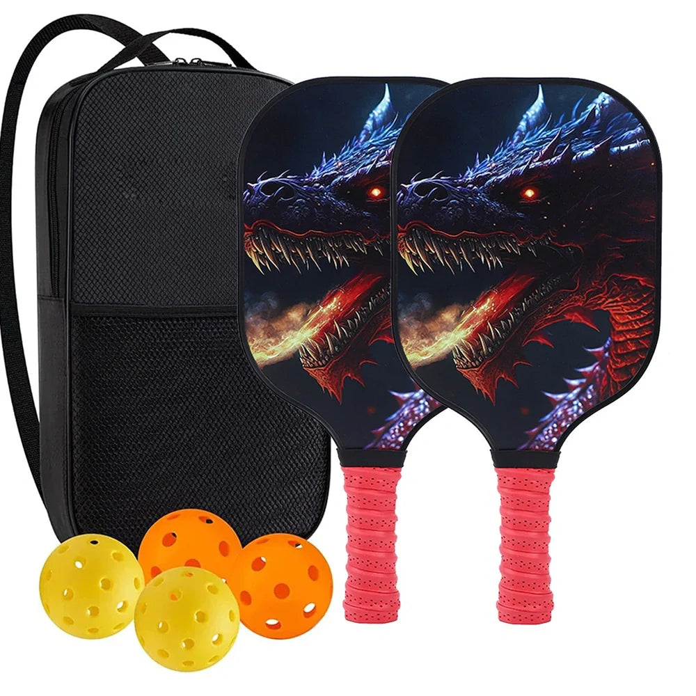 Peak Racket fibreglass squash set showing two rackets and four balls for complete playing equipment