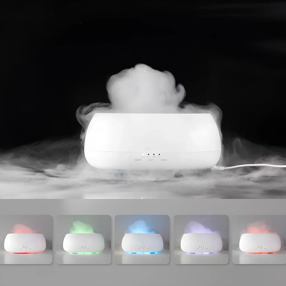 White HOMEFISH aroma diffuser with colour-changing LED light displaying blue hue, remote control beside unit