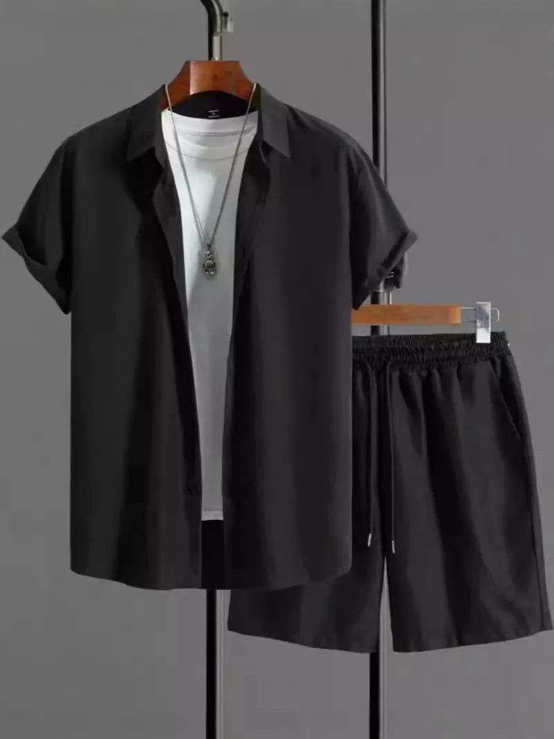 Jacquard short sleeve suit separates in chemical fibre blend polyester with shirt-style jacket and matching shorts