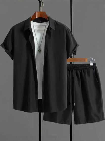 Jacquard short sleeve suit separates in chemical fibre blend polyester with shirt-style jacket and matching shorts