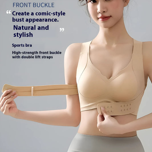 Women's front buckle yoga bra in black, showing back shaping design and fixed double straps.