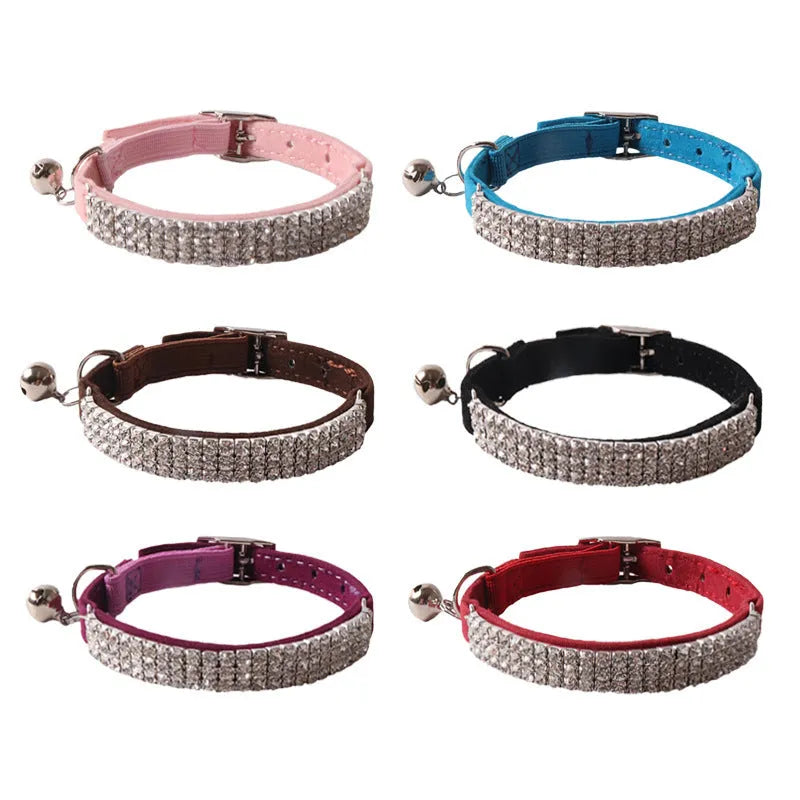 Cat collar with elastic buckle in six colour options showing 28cm length and flocking material texture