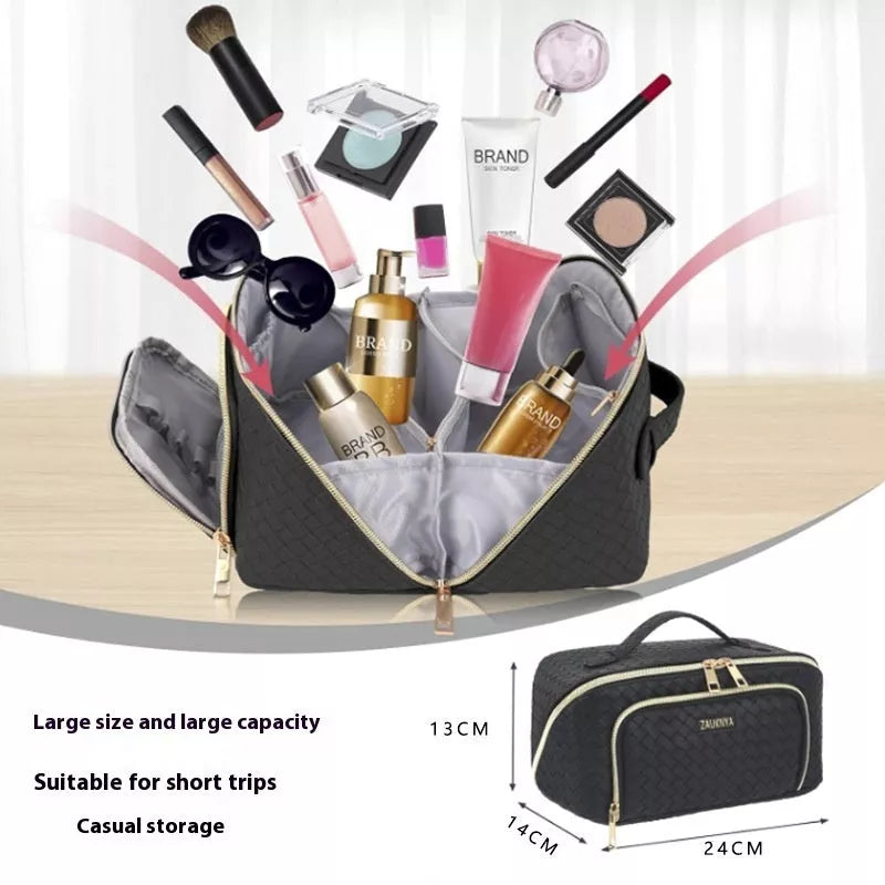 Large-capacity waterproof cosmetic bag with multiple storage compartments in purple and orange