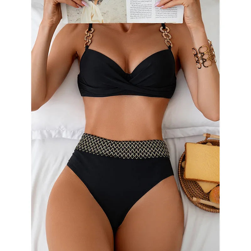 Black European and American style bikini swimsuit set on a mannequin