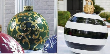 Vibrant, inflatable Christmas ornaments in various holiday designs for outdoor decoration