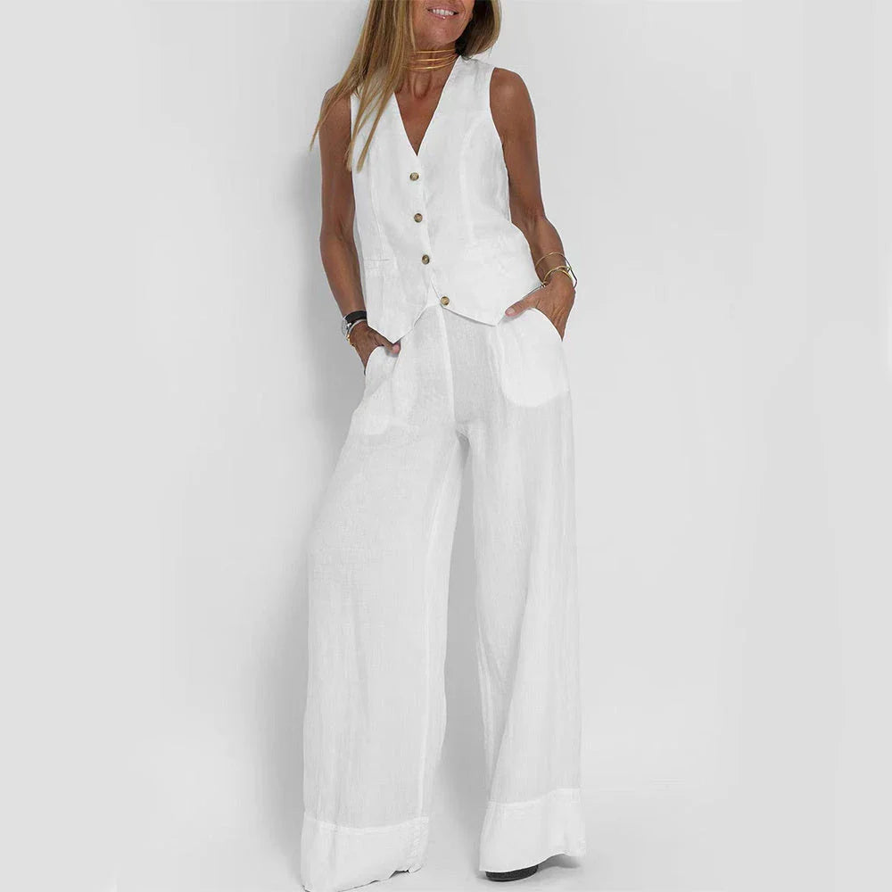 Stylish women's summer vest outfit with V-neck, sleeveless top, and loose straight trousers in a variety of colors