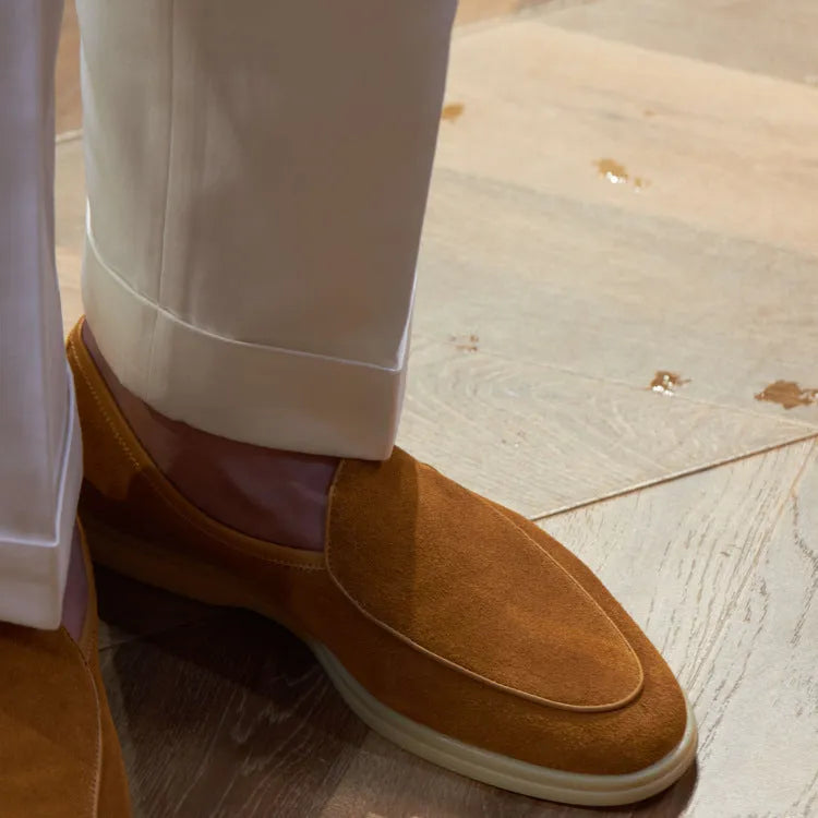 Men's full-grain leather loafers in brown with TPR sole, showing low-tube sock design and classic styling