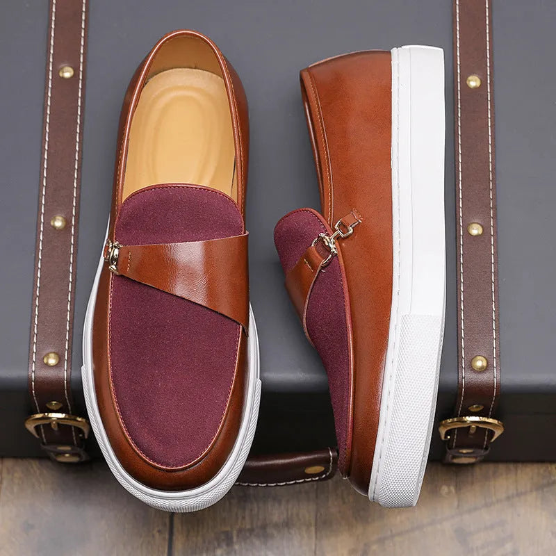 Men's black slip-on loafers with horsebit buckle and round toe, artificial leather upper