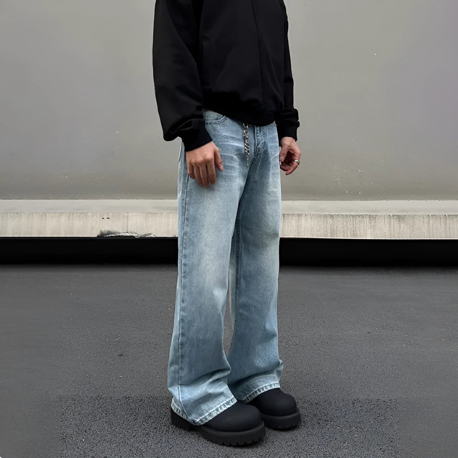 Men's blue retro straight jeans with whisker washing and flared leg detail