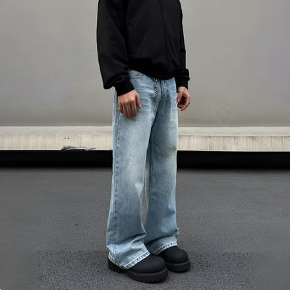 Men's blue retro straight jeans with whisker washing and flared leg detail