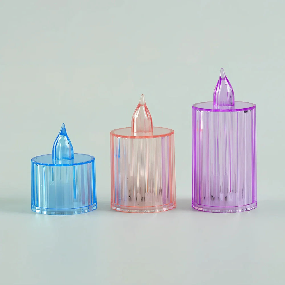 Electronic festival candles in diamond and gear designs, 3.6cm diameter with 5cm, 6.5cm, and 8cm height options