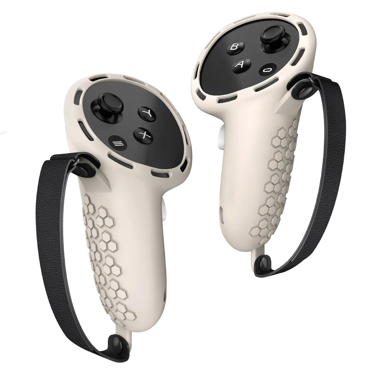 Meta Quest 3 VR controller with black silicone protective sleeve and wrist strap attached