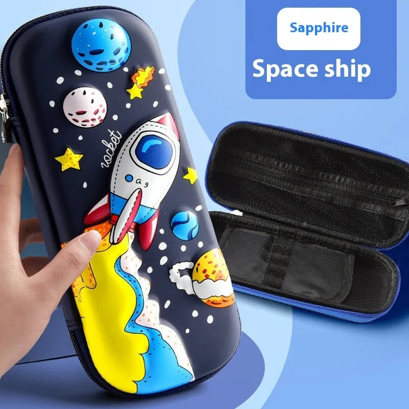 Leather 3D pencil case showing design themes: dinosaur, astronaut, mermaid, unicorn, and spaceship.