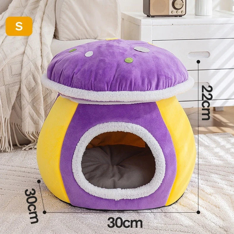 Grey mushroom-shaped cat bed with detachable thermal blanket showing 2.5cm thick plush interior
