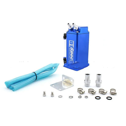 Car engine oil catch tank in metallic finish showing round and square model options