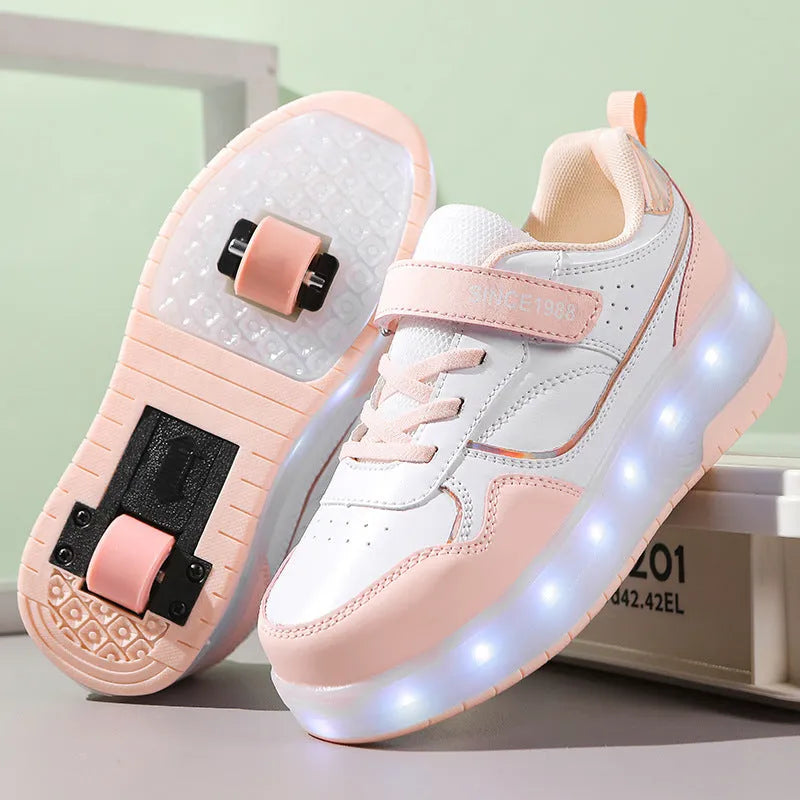 Children's charging flash roller skates with LED lights in pink, white, purple, and black colour options