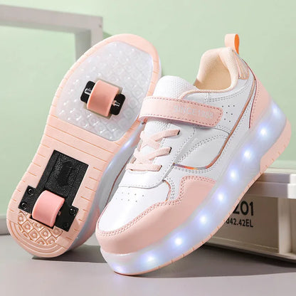 Children's charging flash roller skates with LED lights in pink, white, purple, and black colour options