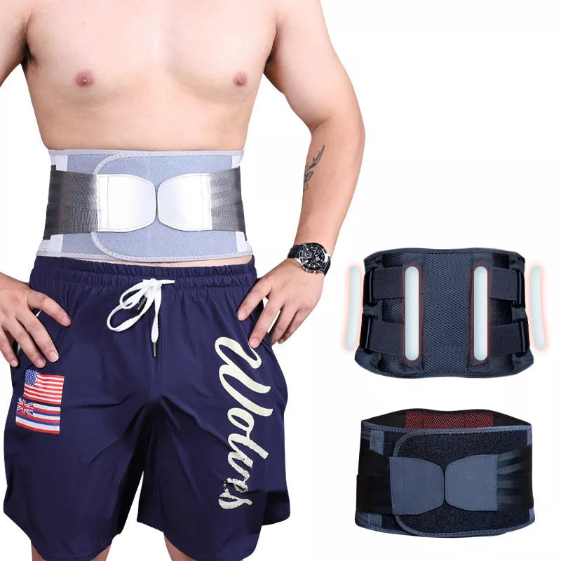 Fitness Belt with Self-Heating Feature for Waist Support in Black and Grey