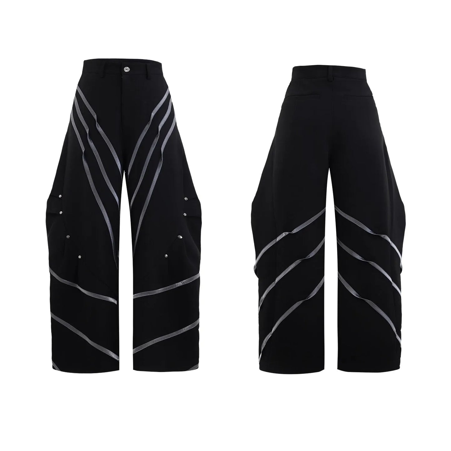 Men's trousers with three-dimensional cutting and metal striped rivet pleats in black or white, showing tailored fit and detail