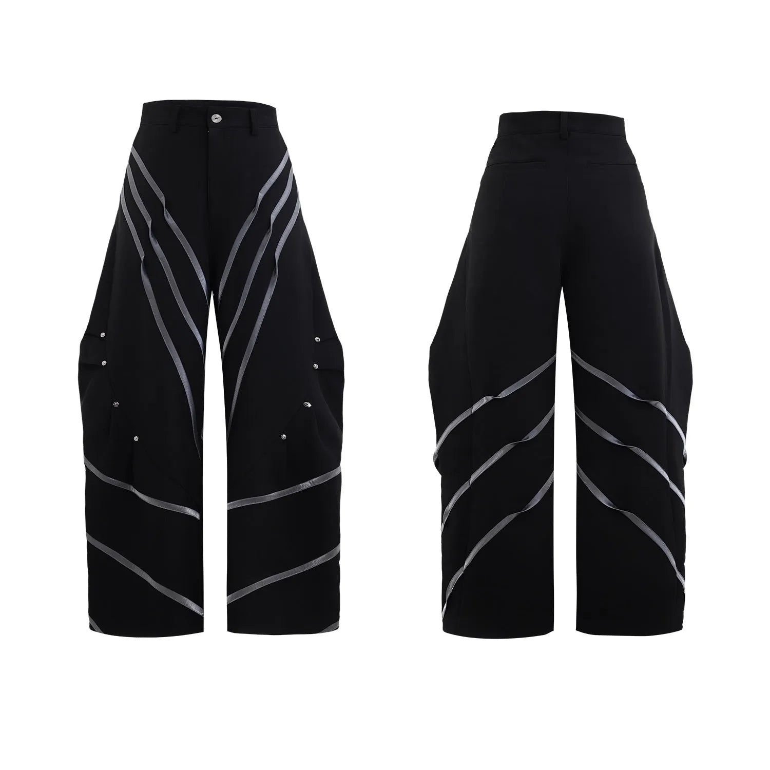Men's trousers with three-dimensional cutting and metal striped rivet pleats in black or white, showing tailored fit and detail