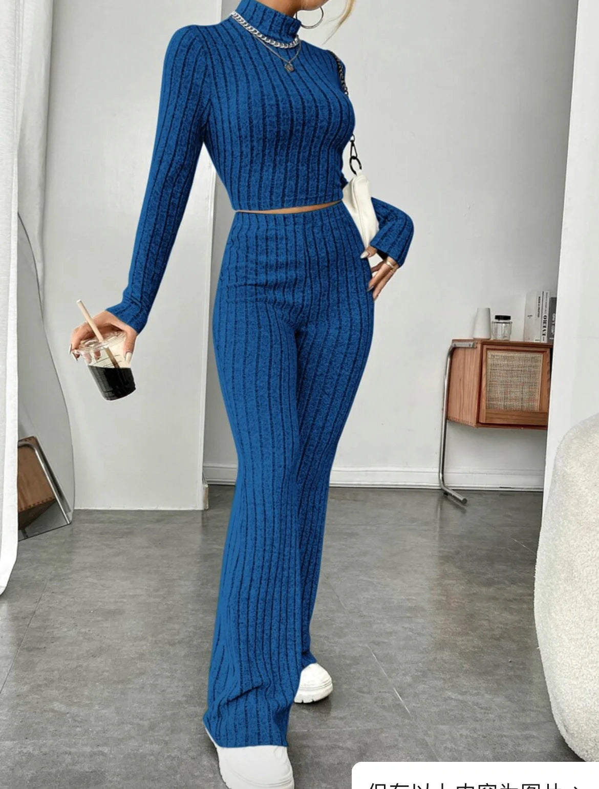 Women's cotton long sleeve turtleneck and wide leg high waist trousers set in various colors