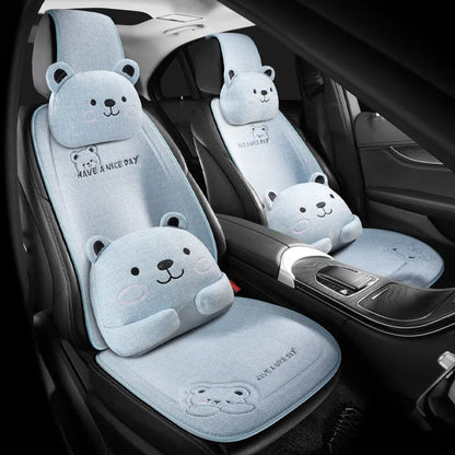 Car seat cushion set with lumbar support and headrest in cartoon linen design with wool cotton filler