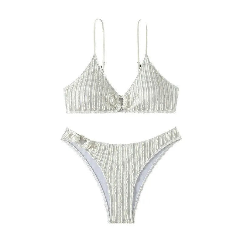 White women's V-neck beach split swimsuit with sleeveless design