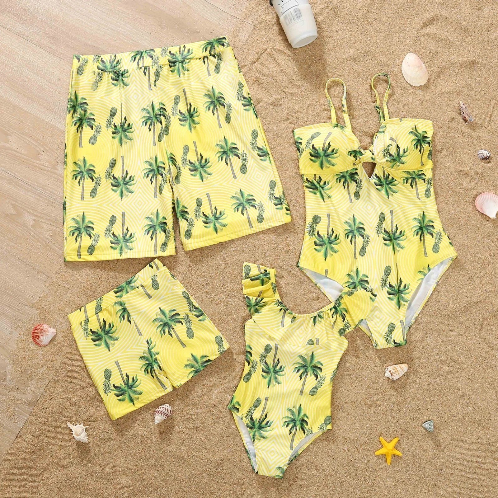 Parent and child matching quick-dry swim sets in green, pink, red colours with swimsuits and trunks