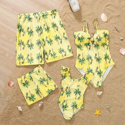 Parent and child matching quick-dry swim sets in green, pink, red colours with swimsuits and trunks