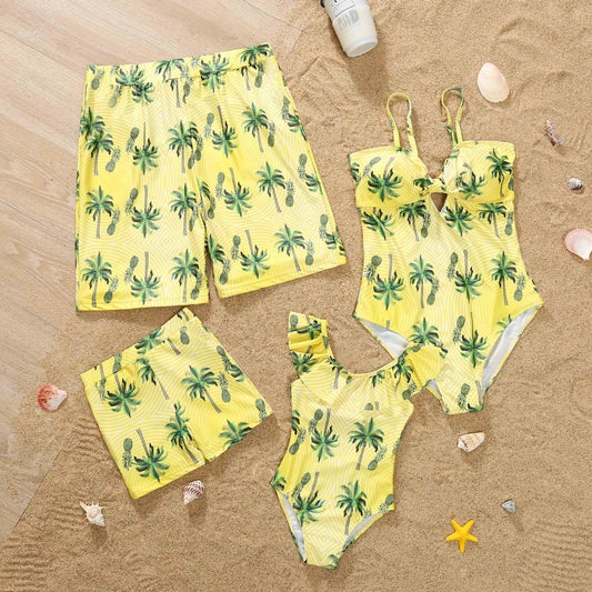 Parent and child matching quick-dry swim sets in green, pink, red colours with swimsuits and trunks