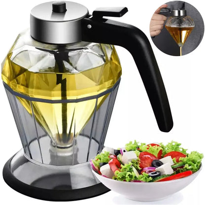 Diamond-shaped glass oil jug with press-type dispenser for drip-free pouring