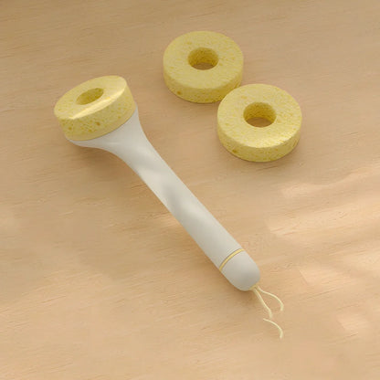 Wood pulp sponge cleaning brush with PP handle, replaceable cotton heads, and integrated peeling knife for pots and dishes