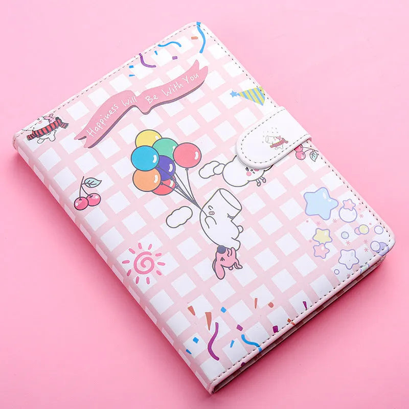 Small white Kaba Bear Hippo notebook with magnetic buckle, girl heart design, showing 224 pages and PU cover.