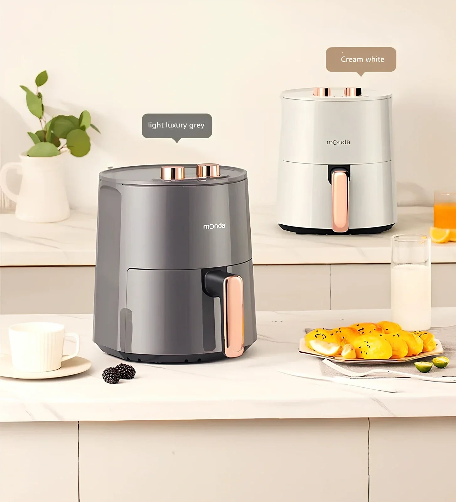 Automatic air fryer in light luxury gray with double knob controls and 4.5L cooking capacity