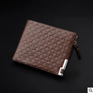 Men's short business wallet in PU leather with embossed plaid pattern, 12 x 9.5cm, black or coffee
