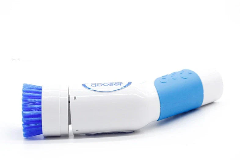 Powerful electric cleaning brush with soft rubber and plastic construction, designed for cleaning tiles, sinks, and other household surfaces