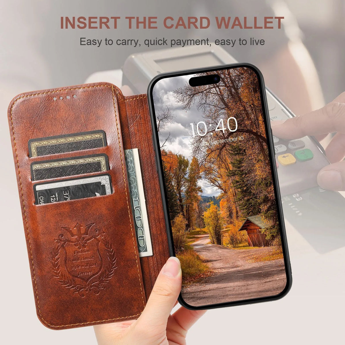 Magnetic leather iPhone case with bracket and card slot, PU TPU, Black Blue Brown Khaki, for iPhone 12 to 15 Pro Max