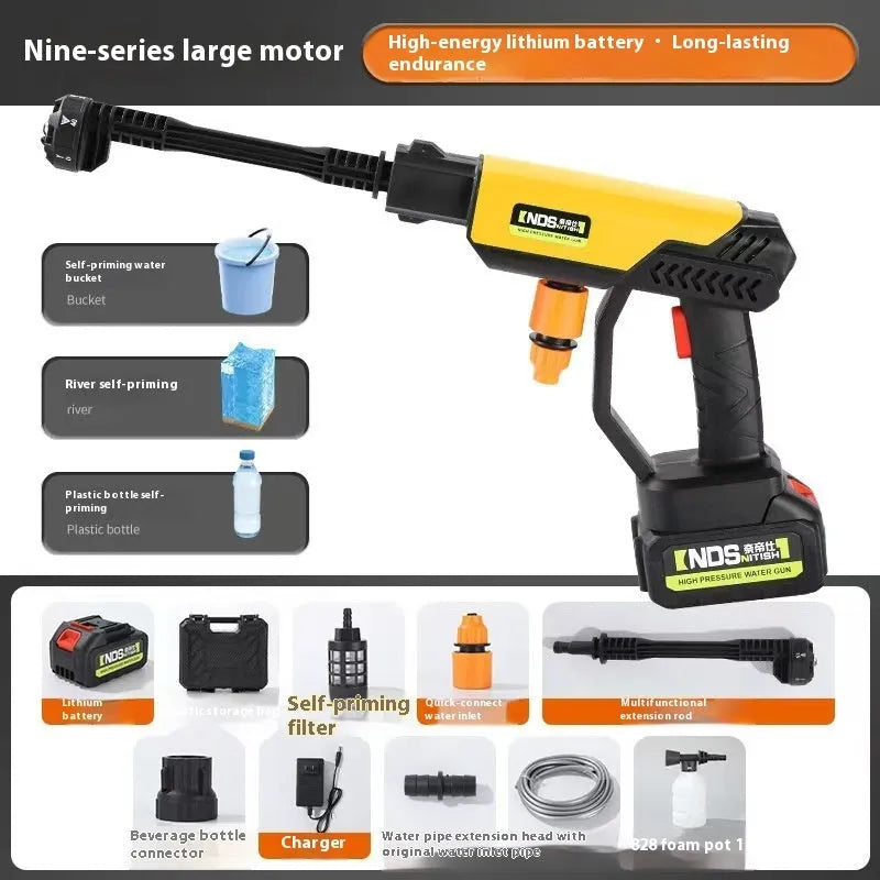 Wireless high-pressure water gun with green and yellow nozzle settings, measuring 400 mm, for outdoor cleaning tasks
