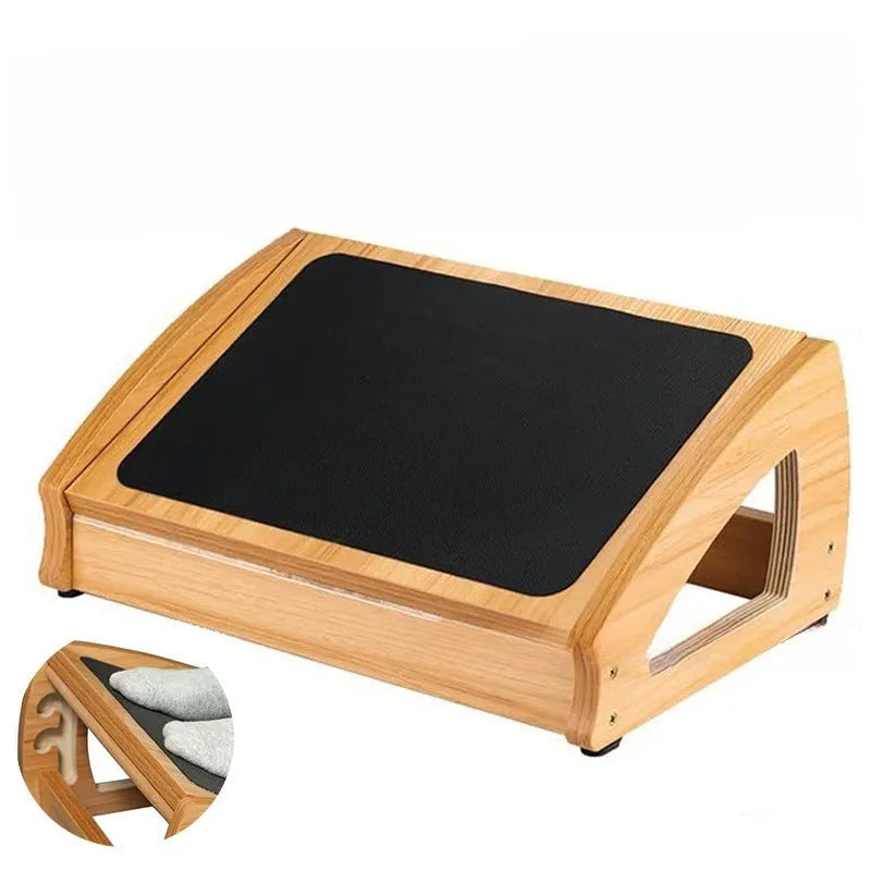 Wooden adjustable bamboo office desk footstool in natural wood colour with modern minimalist design