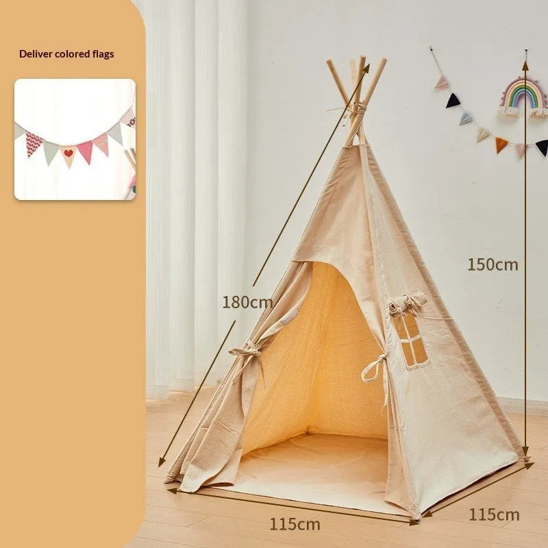 Beige indoor children's tent with cloth and wood construction, side door and hat style options for home play