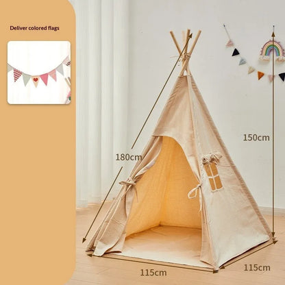 Beige indoor children's tent with cloth and wood construction, side door and hat style options for home play