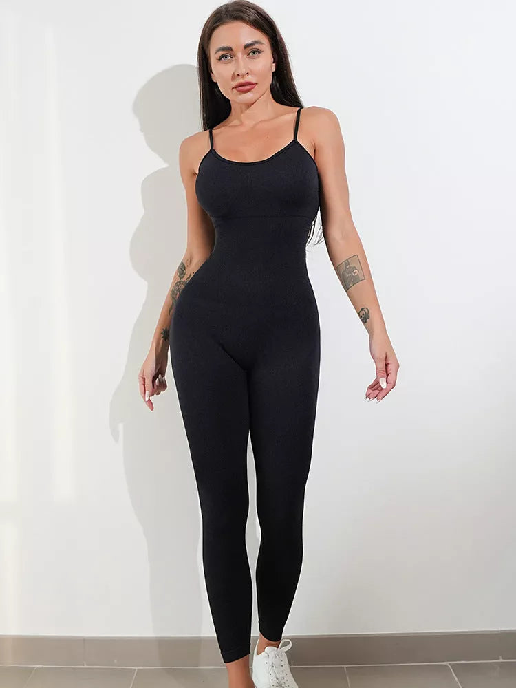 Women's nylon-spandex unitard jumpsuit with adjustable straps and tummy control