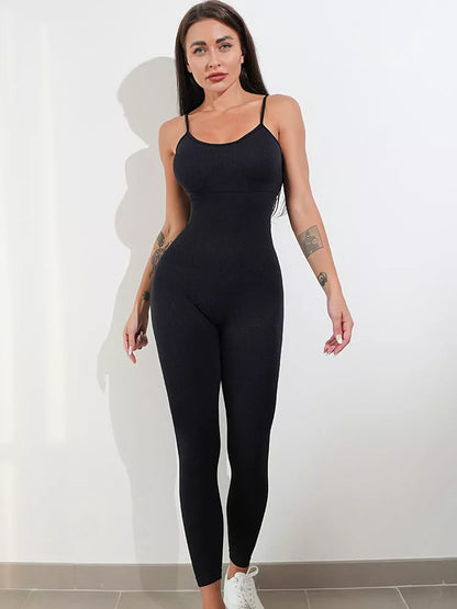 Women's nylon-spandex unitard jumpsuit with adjustable straps and tummy control
