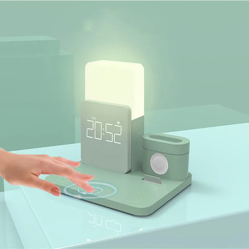 Dark green 3-in-1 wireless charger stand charging phone vertically, smartwatch, and earbuds simultaneously