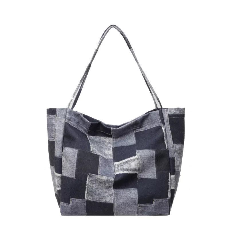 Women's denim tote bag with color-contrast check design for commute and leisure