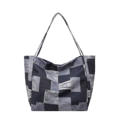 Women's denim tote bag with color-contrast check design for commute and leisure