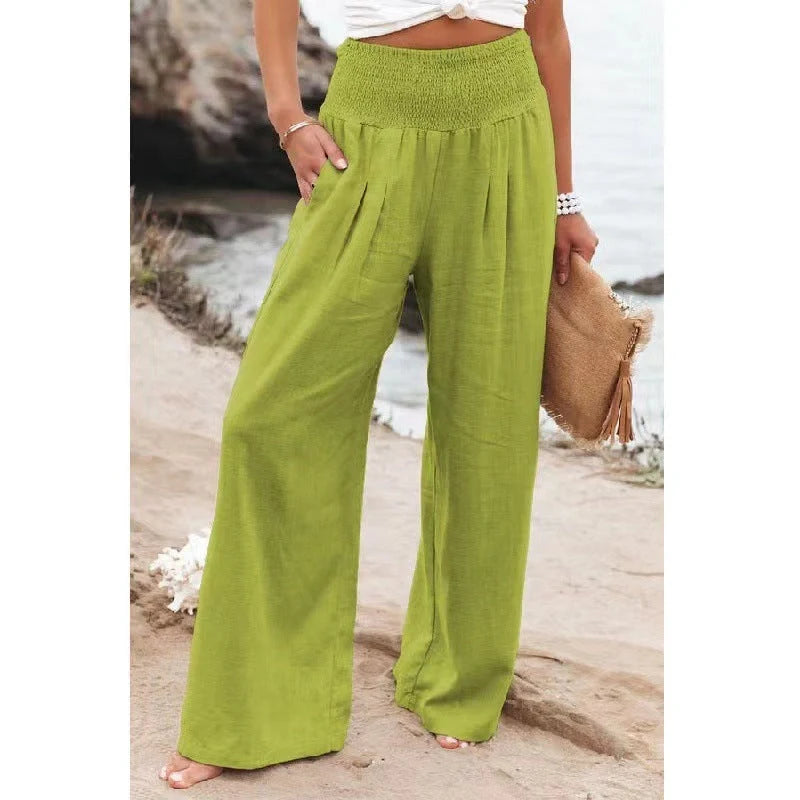 Women's wide leg casual pants in cotton linen blend, available in multiple colors